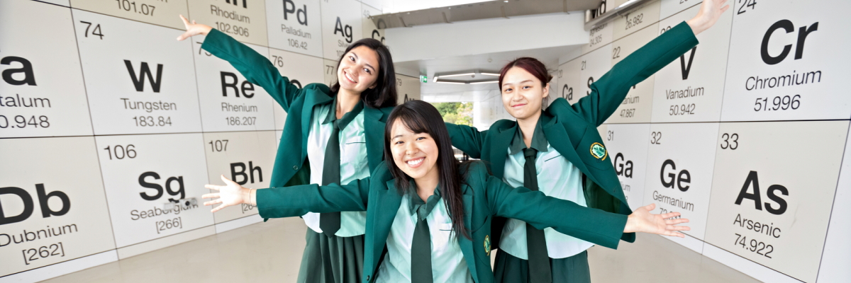 Students in front of chemistry posters